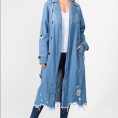 Women's Denim Trench Coat Long Jacket - Denim Jacket - Distressed Trim - Long Length Jacket Imported, Designed In Usa Distressed Fitted Outerwear For Spring, Blue Distressed Long Sleeve Outerwear, Long Sleeve Distressed Blue Outerwear, Spring Distressed Denim Outerwear, Spring Distressed Denim Blue Outerwear, Fitted Distressed Blue Outerwear, Fitted Blue Distressed Outerwear, Distressed Denim Blue Outerwear For Fall, Distressed Denim Outerwear For Fall