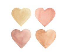 four heart shapes painted in different shades of pink, gold and white on a white background