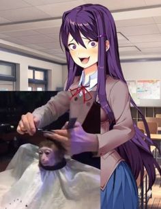 two pictures one with purple hair and the other with long dark hair, are shown in three different frames