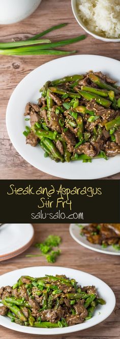 steak and asparagus stir fry on a white plate