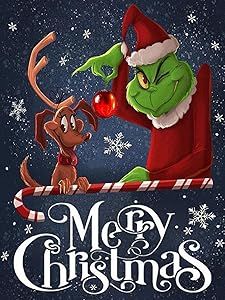 a christmas card with an image of the grin and his dog on top of a candy cane