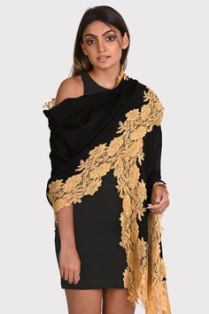 BLACK SILK AND WOOL SCARF WITH A DK. GOLD FLORAL LACE BORDER Upcycled Fashion, Black Scarf, Lace Border, Dark Gold, Formal Looks, Gold Floral, Women's Wardrobe, Wool Scarf, Blouse Dress