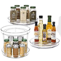 two clear shelves with spices and condiments on them, each containing different types of seasonings