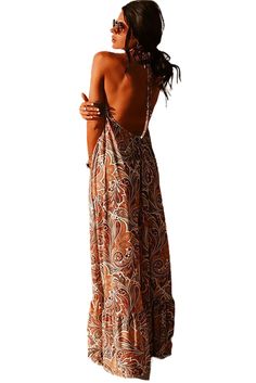 Sexy Halterneck Vintage Floral Print Backles Maxi Dress Brown Halter Neck Dress For Summer, Brown Halter Neck Maxi Sundress, Brown Halter Neck Sundress Maxi Dress, Backless Brown Maxi Dress For Party, Brown Backless Maxi Dress For Party, Brown Halter Dress For Summer Beach, Brown Halter Dress For Beach In Summer, Brown Summer Halter Dress For Beach, Bohemian Backless Halter Dress