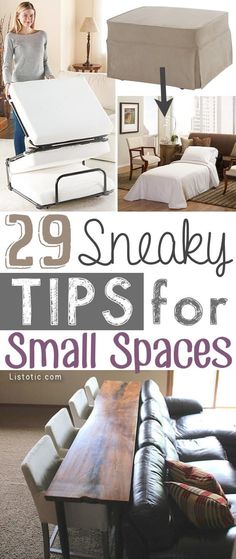 the cover of 29 sneaky tips for small spaces, including couches and tables