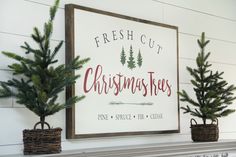 three small christmas trees sitting on top of a mantel in front of a sign