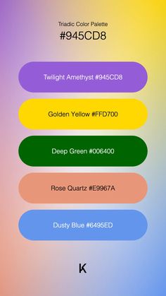 Triadic Color Palette Twilight Amethyst #945CD8 · Golden Yellow #FFD700 · Deep Green #006400 · Rose Quartz #E9967A · Dusty Blue #6495ED Golden Yellow, Deep Green, Color Names, Dusty Blue, Colour Palette, Unique Colors