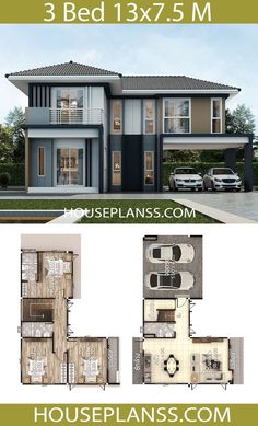 two story house plan with 3 beds and 2 5 m in the front, three car garage