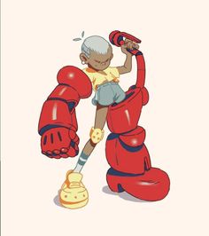 an image of a cartoon character that is in the process of punching a giant red object