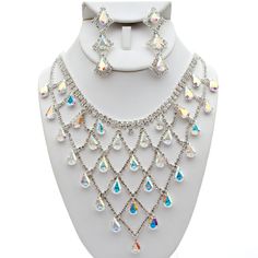 (70919-101) Silver Aurora Borealis Tear Drop Set Sea Dress, Neck Piece, Tear Drop, Aurora Borealis, Necklace Set, Seed Beads, Aurora, Statement Necklace, Jewelry Design