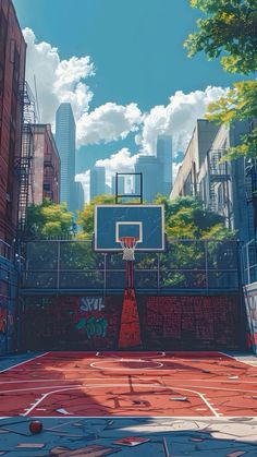 an anime basketball court with the city in the background