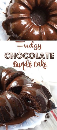 a chocolate bundt cake on a white plate with the words fuly chocolate bundt cake