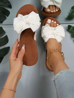 White Fashionable Collar     Embellished   Women Shoes Fancy Sandals, Slides For Women, Summer Slide, Womens Fall Dress, Slides Shoes, Womens Sandals Flat, Beach Shoes, Ankle Strap Heels, Outerwear Women