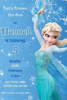 a frozen princess birthday party with the name hannah is turning 5 on it's card