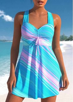 Color:Cyan;Size:S;Size:M;Bra Style:Padded;Support:Wire Free;Pad Style:Removable;Strap Style:Adjustable;Package Contents:1 X Swimdress , 1 X Shorts;Occasion:Sport; Trendy Tankini, Bathing Suit Shorts, Plus Size Tankini, Printed Tankini, Striped Swimsuit, V Neck Tank Top, Tankini Set, Stylish Plus, Bra Styles