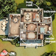 an aerial view of a house with all the rooms labelled