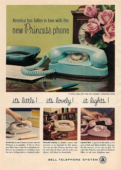 an advertisement for the new princess phone, with pictures of different phones and flowers in vases