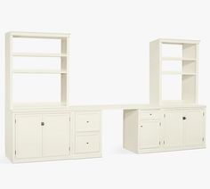 a white bookcase with two open shelves and one closed shelf next to each other