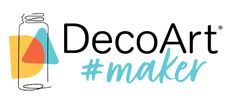 the words deco art maker are shown in blue and yellow