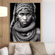 a black and white photo of a woman with jewelry on her head in a living room