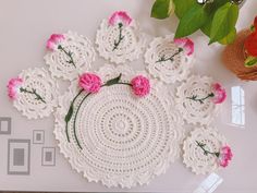 Physical item, limited quantity. 100% Handmade, crochet with yarn. Great gift for mom, wife, housewarming, family reunion. Each placemat diameter is 14 inches , each coaster diameter is 5.5 inches wide, height of flower is 1-2 inches, dimensions may vary 0.5-1 inches more or less. Color may be slightly different than in the photos due to light. We do not own the pattern or instructions, nor sell or share the pattern/instructions. The author, and/or source, and/or link to the pattern may be found below (if applicable). Hand-written gift note is free. Please leave us a note if you wish to include it in your order. Crochet With Yarn, Carnations Flower, Tea Setting, Elegant Dining Table, Crochet Dollies, Carnation Flower, Dinner Decoration, Great Gifts For Mom, Elegant Dining