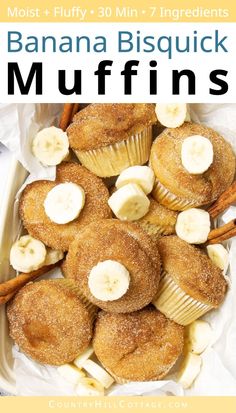 banana biscuit muffins with cinnamon on top in a white container and text overlay reads, most fluffy - 30 min / 7 ingredients