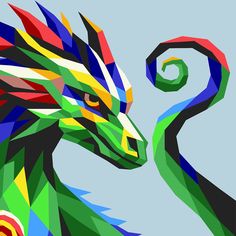 an abstract painting of a dragon with multicolored feathers on it's head