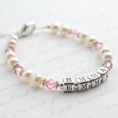 Darling Pearls and Crystal Name Bracelet Letter Bracelet Beads Ideas, Shein Bracelets, Bracelet Beads Ideas, Letter Bracelet Beads, Name Bracelet Silver, Beaded Bracelets Ideas, Crystal Names, Toddler Bracelet, Letter Blocks