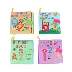 four children's books are shown in three different colors and designs, one is pink, the other is green