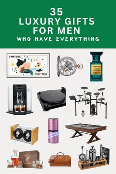 A collection of luxury gifts including a Samsung The Frame 65″ 4K UHD TV, pocket watch by Tissot, Tom Ford Private Blend, Jura coffee maker, record player, Roland electric drum set, bamboo watch winder, air purifier, pool table, crystal decanter set, Floto Parma duffel bag, and a 23-piece bar set.