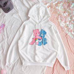 Cute Pink Blue Rainbow Bear Hoodie Sweatshirt sold by Littlepinko on Storenvy Care Bear Hoodie, Care Bears Hoodie, White Kawaii Hoodie With Letter Print, Kawaii White Hoodie For Spring, Kawaii White Hoodie Sweatshirt, White Kawaii Hoodie With Cartoon Print, White Kawaii Hoodie Sweatshirt, White Kawaii Hoodie With Drawstring, Pink Kawaii Hoodie With Letter Print