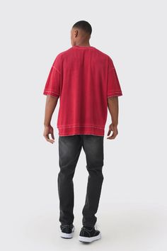 Premium Oversized Faux Layer Top Stitch Washed T-shirt | boohooMAN USA Washed Crew Neck T-shirt For Layering, Urban Style Relaxed Fit Top For Layering, Urban Style Tops For Layering With Relaxed Fit, Oversized Urban Red Top, Crew Neck Washed T-shirt For Layering, Urban Crew Neck Top For Layering, Urban Cotton Top For Layering, Oversized Short Sleeve T-shirt For Layering, Plain T Shirt