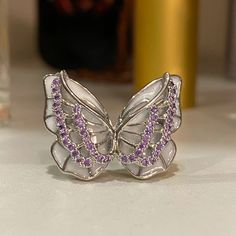 Butterfly Charm Inlaid Zircon Ring Size: 6 White Crystal Ring With Rhinestones For Gift, Fashion Ring Set, Raw Diamond Engagement Rings, Silver Wrap Ring, Moon And Star Ring, Moonstone Ring Sterling Silver, Costume Rings, Layered Rings, 6 Rings