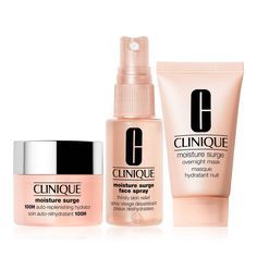 Clinique’s Glowing Skin Essentials deliver stabilizing hydration for skin’s daily dehydrators. Whether you smooth it on or spritz it, each of these Moisture Surge™ stars delivers instant hydration, and Moisture Surge™ 100H Auto-Replenishing Hydrator keeps skin glowing for days. Bursting with moisture and activated aloe water, Moisture Surge™ Face Spray immediately hydrates, softening and soothing skin in a flash. Moisture Surge™ Overnight Mask replenishes all night long, so you’ll wake up to sof Clinique Cosmetics, Clinique Skincare, Moisture Surge, Acne Dark Spots, Clinique Moisture Surge, Face Spray, Facial Wipes, Clinique Moisturizer, Overnight Mask