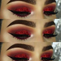 Red Glitter Eye Makeup, Trendy Nails Dark, Nails Dark Red, Make Up Yeux, Red Eyeshadow Makeup, Makeup Clown, Quinceanera Theme, Nails Dark