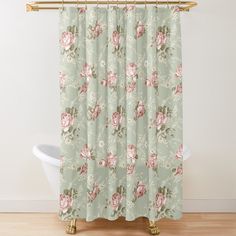 a shower curtain with pink roses on it