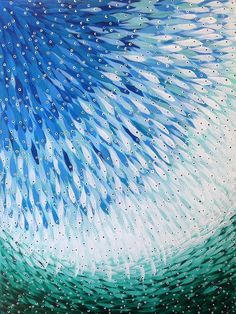 an abstract painting with blue and green colors on the bottom, white dots in the middle