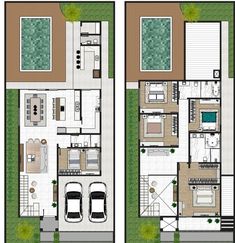 two story house plans with garages and swimming pool in the ground floor plan for an apartment