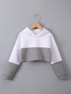 Multicolor Casual  Long Sleeve Polyester Colorblock Pullovers Embellished Slight Stretch Spring/Fall Girls Clothing White Cropped Hoodie Outfit, Short Hoodie Outfit, Cropped Hoodie Outfit, Hoodie Outfit Casual, White Cropped Hoodie, Short Hoodie, Drop Shoulder Hoodie, Fall Trends Outfits