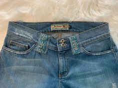 Y2K Allen B. Jeans.  Double Rivet waistband, lace and beading on belt loops and back pockets.  Size 28.  Boot Leg. Women Jeans, Sewing, Lace, Boots, Beads, Clothes For Women, Clothes