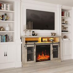 a living room with a fire place and bookshelves on either side of the fireplace