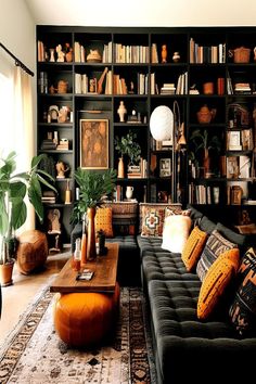 a living room filled with lots of furniture and bookshelves