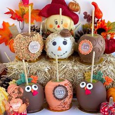 chocolate covered apples decorated with fall decorations and pumpkins on top of hay bales