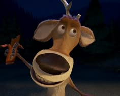 a cartoon goat is holding a hammer and looking at the camera