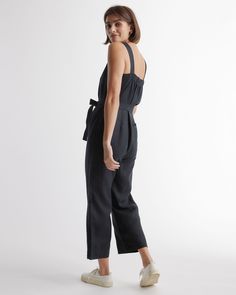 One and done. Just add accessories for an effortlessly cool utilitarian-chic look. Our square-neck linen jumpsuit from our best-selling European linen collection couldn’t be simpler with adjustable shoulder straps and self-tie belt for a perfect fit. Did we mention it’s also super comfy, breathable, and lightweight?  | Quince | Women's 100% European Linen Square Neck Jumpsuit in Black, Size Medium Chic Jumpsuits And Rompers With Adjustable Straps For Spring, Spring Linen Jumpsuits And Rompers For Work, Chic Linen Jumpsuits And Rompers For Day Out, Summer Linen Belted Jumpsuits And Rompers, Summer Workwear Jumpsuits And Rompers With Adjustable Straps, Summer Workwear Overalls With Adjustable Straps, Casual Linen Belted Jumpsuits And Rompers, Chic Linen Jumpsuits And Rompers With Tie Waist, Casual Linen Jumpsuits And Rompers For Work