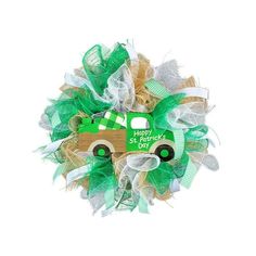 a green and white wreath with a truck on it