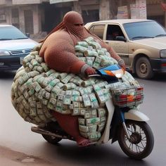 a woman riding on the back of a motorcycle covered in money