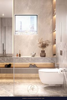 a bathroom with marble walls and flooring, including a bathtub in the center