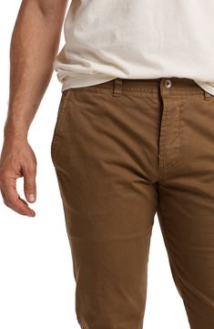 Clean-cut and versatile, these chinos are made from stretch cotton in a signature pigment fade that provides for all-day comfort and sharp style. 32" inseam; 13" leg opening; 11" front rise 98% cotton, 2% spandex Machine wash, tumble dry Imported Casual Brown Cotton Chinos, Casual Brown Chino Cotton Twill Chinos, Brown Cotton Straight Leg Chinos, Brown Straight Leg Cotton Chinos, Brown Cotton Straight Bottoms, Brown Straight Cotton Bottoms, Everyday Chinos With Five Pockets, Brown Straight Leg Chino Bottoms, Brown Straight Cotton Pants