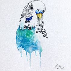 a watercolor painting of two birds sitting on top of each other